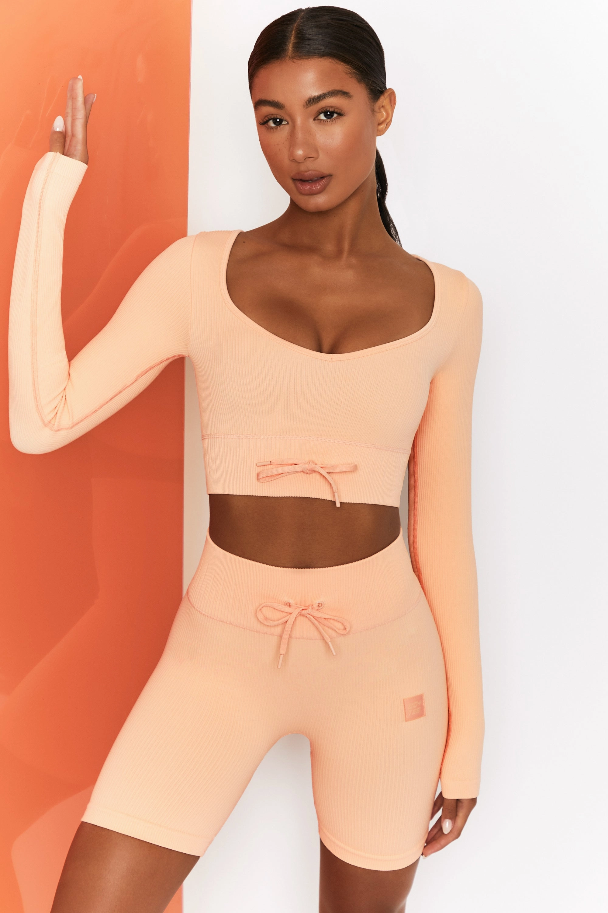 Time Check Ribbed Long Sleeve Crop Top in Peach