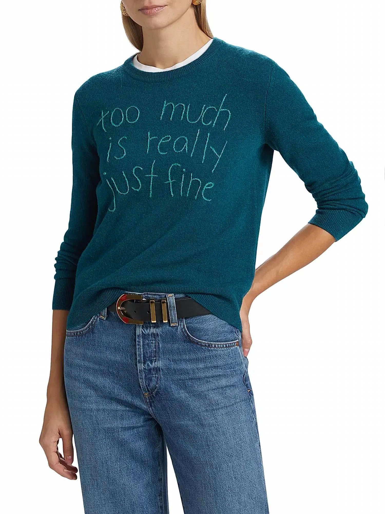 Too Much Is Really Just Fine Crewneck In Peacock Heather Tops Womens - cold-shoulder tops