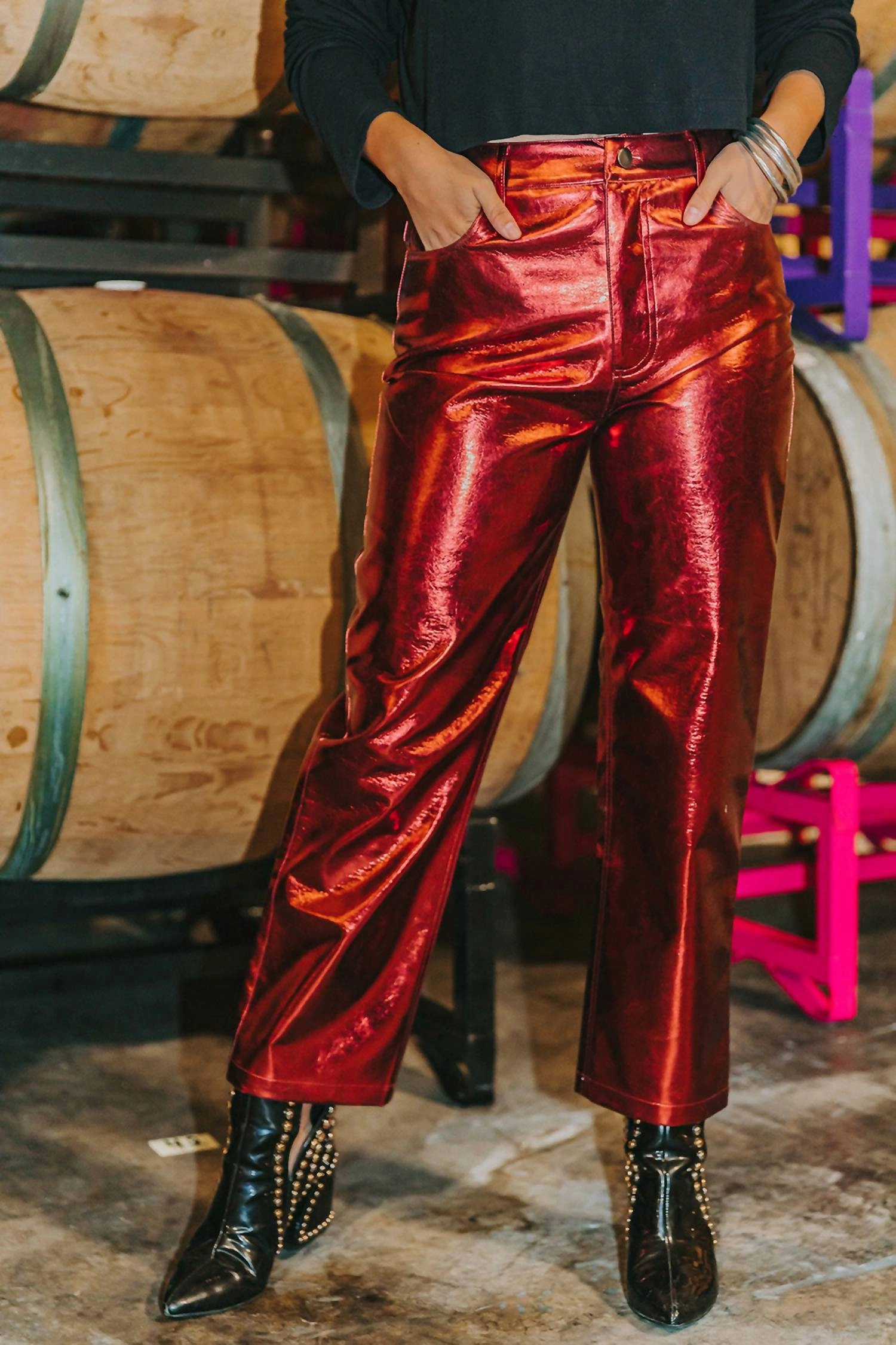 Travolta High-Rise Metallic Pants In Bronze