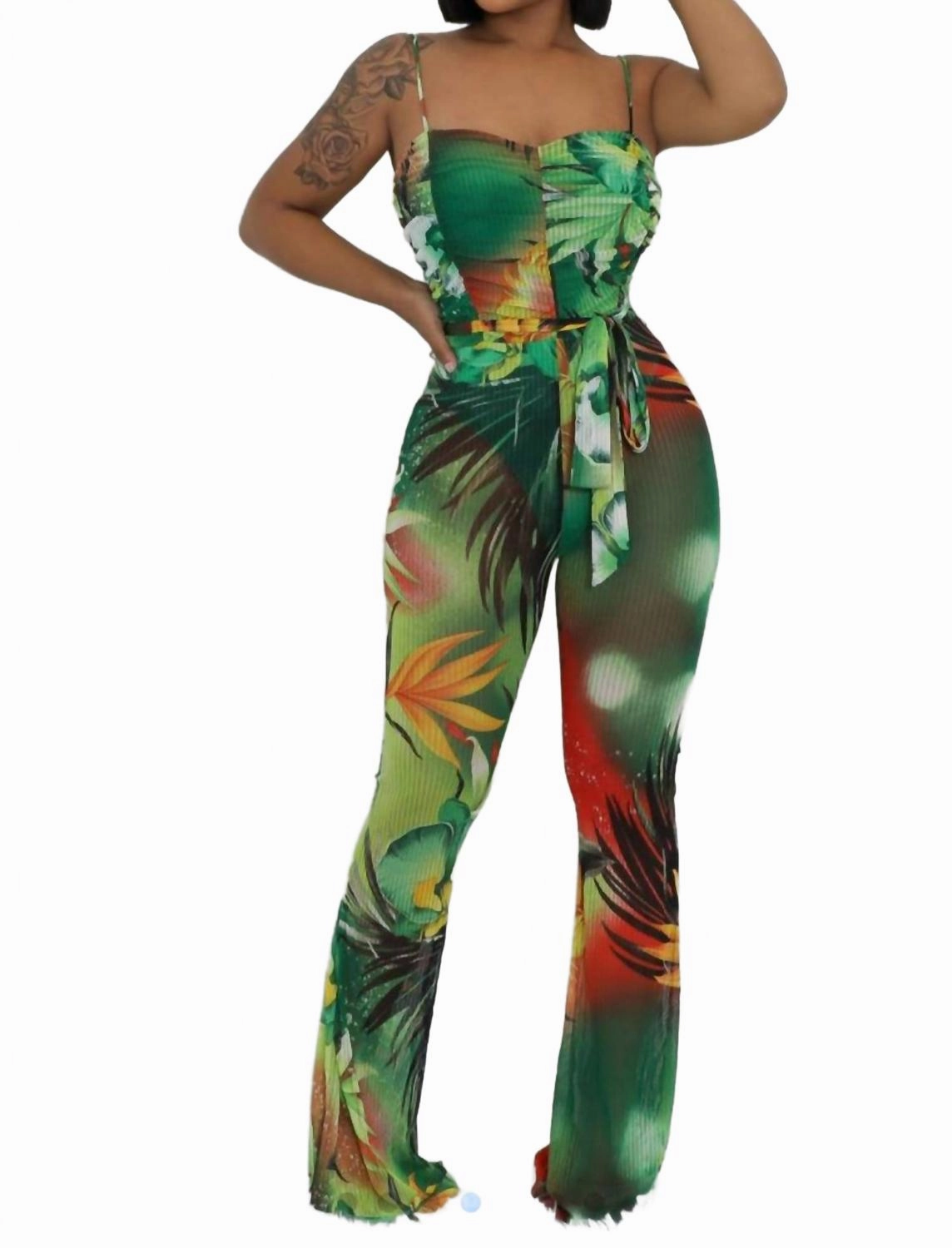 Tropical Glow Jumpsuit In Green/orange/red