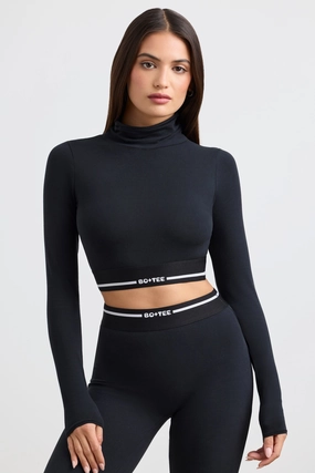 Turtleneck Backless Long-Sleeve Crop Top in Black Tops - basic tees cheap