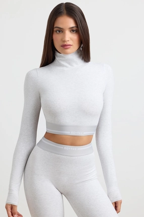 Turtleneck Backless Long-Sleeve Crop Top in Grey Marl Tops - basic tees cheap