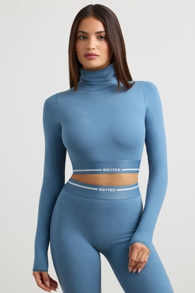 Turtleneck Backless Long-Sleeve Crop Top in Steel Blue Tops - basic tees cheap