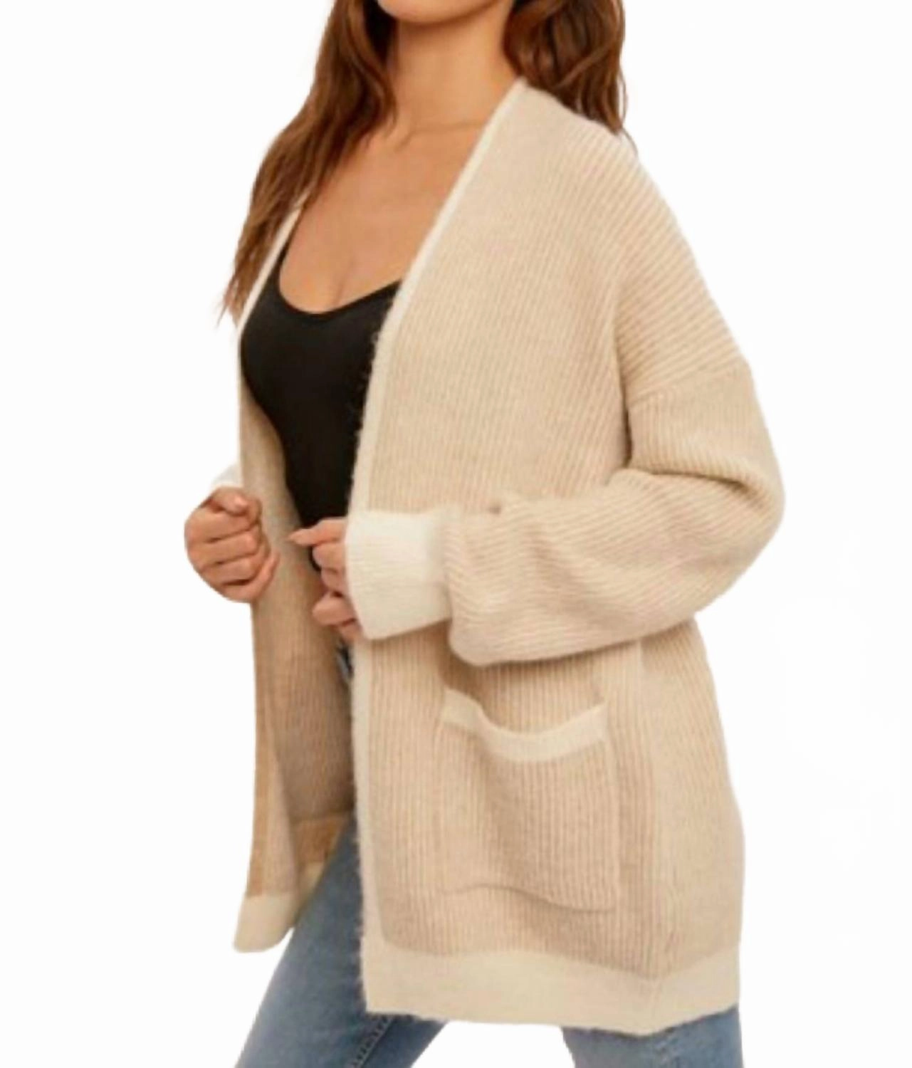 Two Tone Stripe Open Midi Cardigan In Natural/white