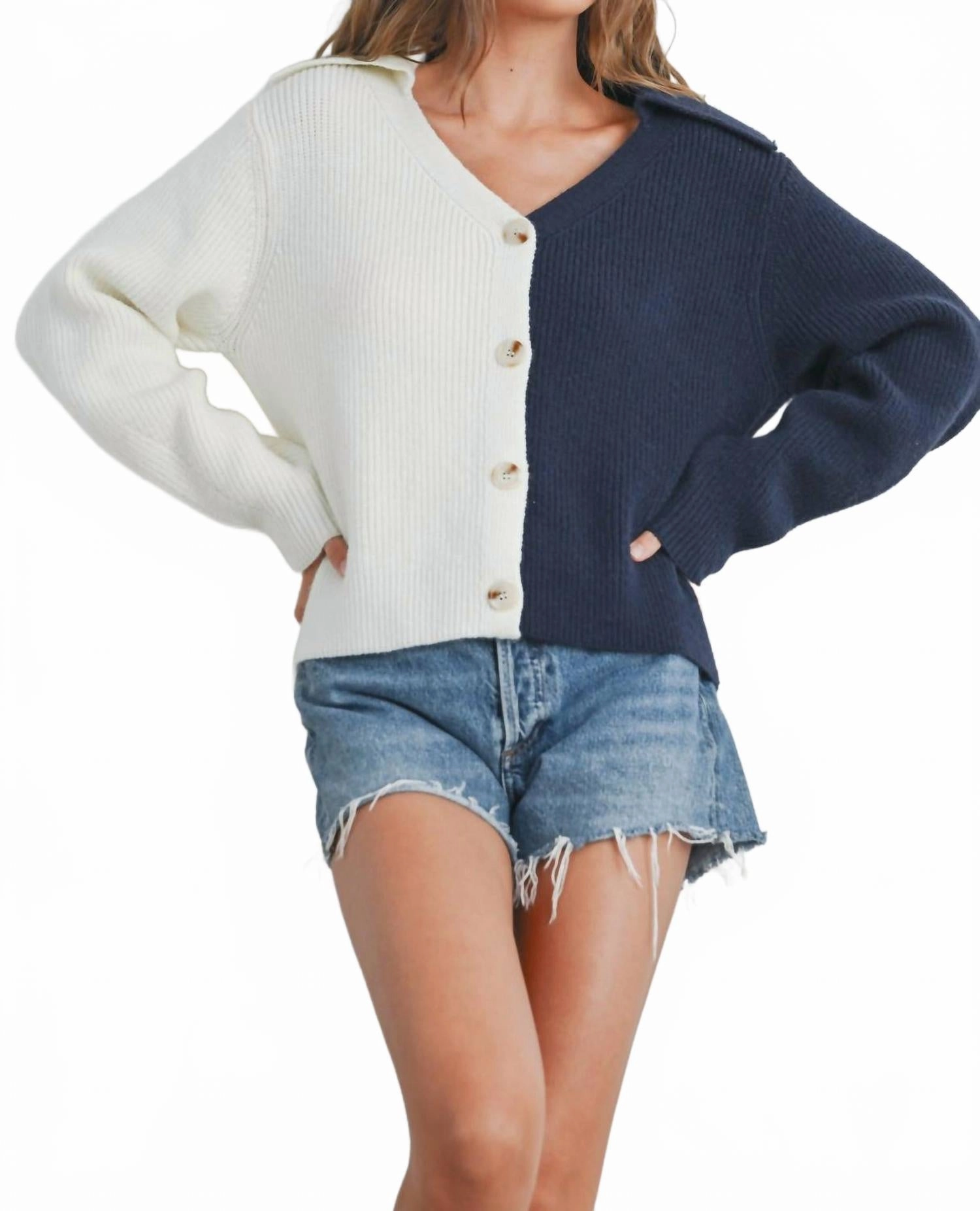Two Tone V-Neck Cardigan In Ivory/navy Tops Womens - ruffle blouses