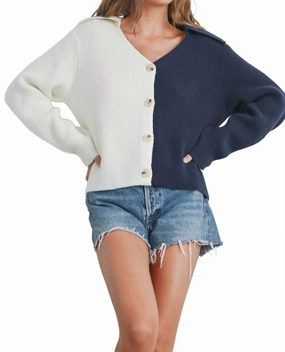 Two Tone V-Neck Cardigan In Ivory/navy Tops Womens - ruffle blouses