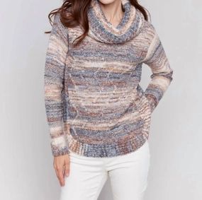 Two-Tone Yarn Color Cowl-Neck Sweater - Denim In Blue Tops Womens - high-neck blouses