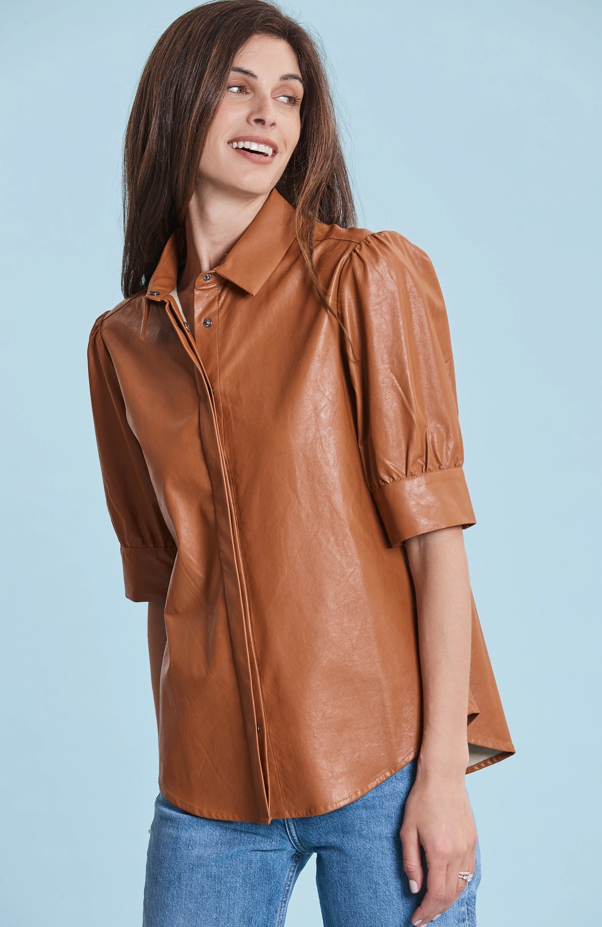 Tyler Boe Alice Vegan Leather Shirt - Pecan womens blouses promo