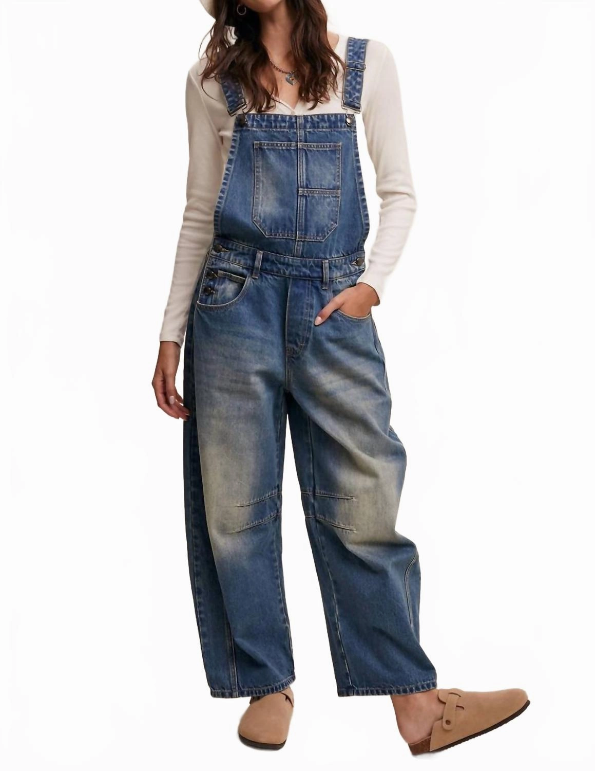 Urban Denim Barrel Overalls In Medium Wash womens Bermuda shorts promo