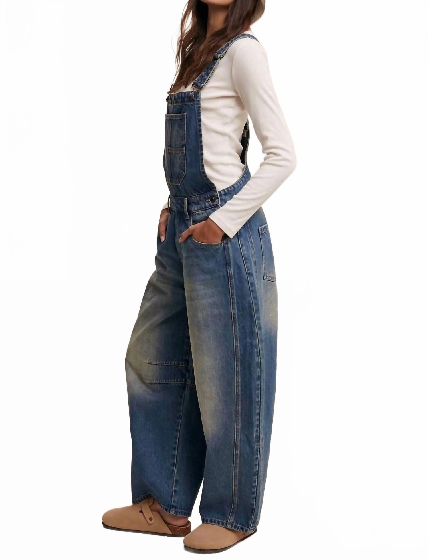 Urban Denim Barrel Overalls In Medium Wash