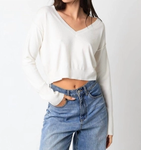 V-Neck Cropped Sweater In White Tops Womens - bodysuits clearance
