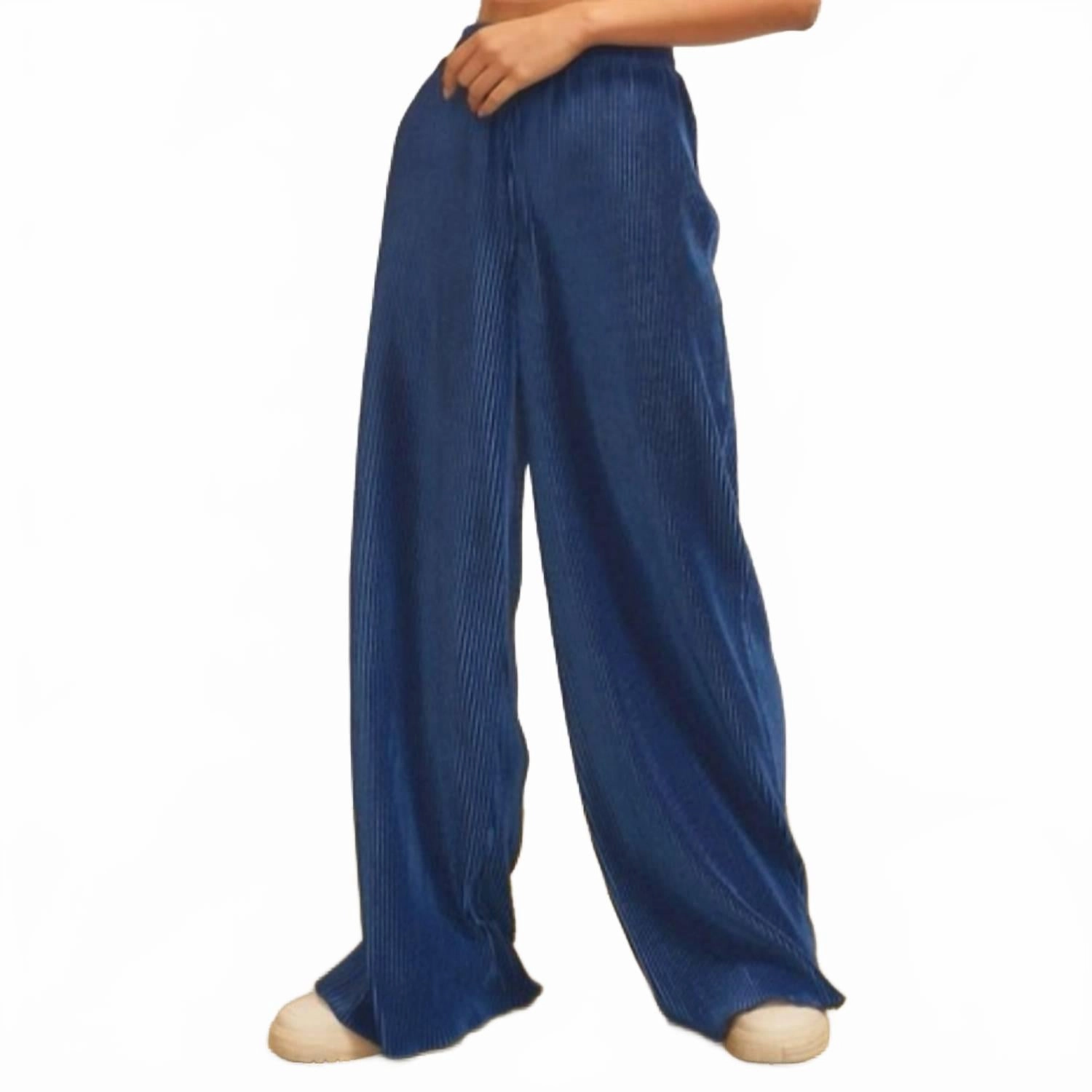 Velvet Ribbed Wide Leg Pants In Navy