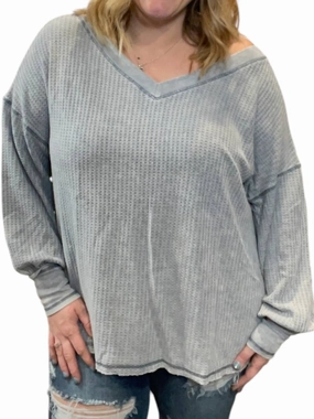 Waffle Knit Bubble Sleeve Pullover Sweater In Grey Tops Womens - high-neck blouses