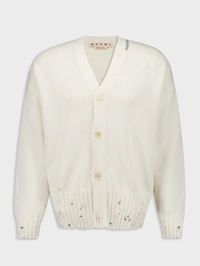 White Cotton V-Neck Cardigan Knitwear Mens - men's sweaters sale