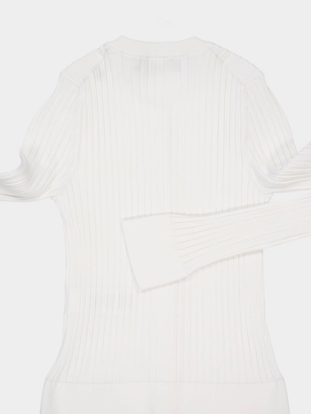 White Ribbed Viscose Sweater with Metal Logo Pin