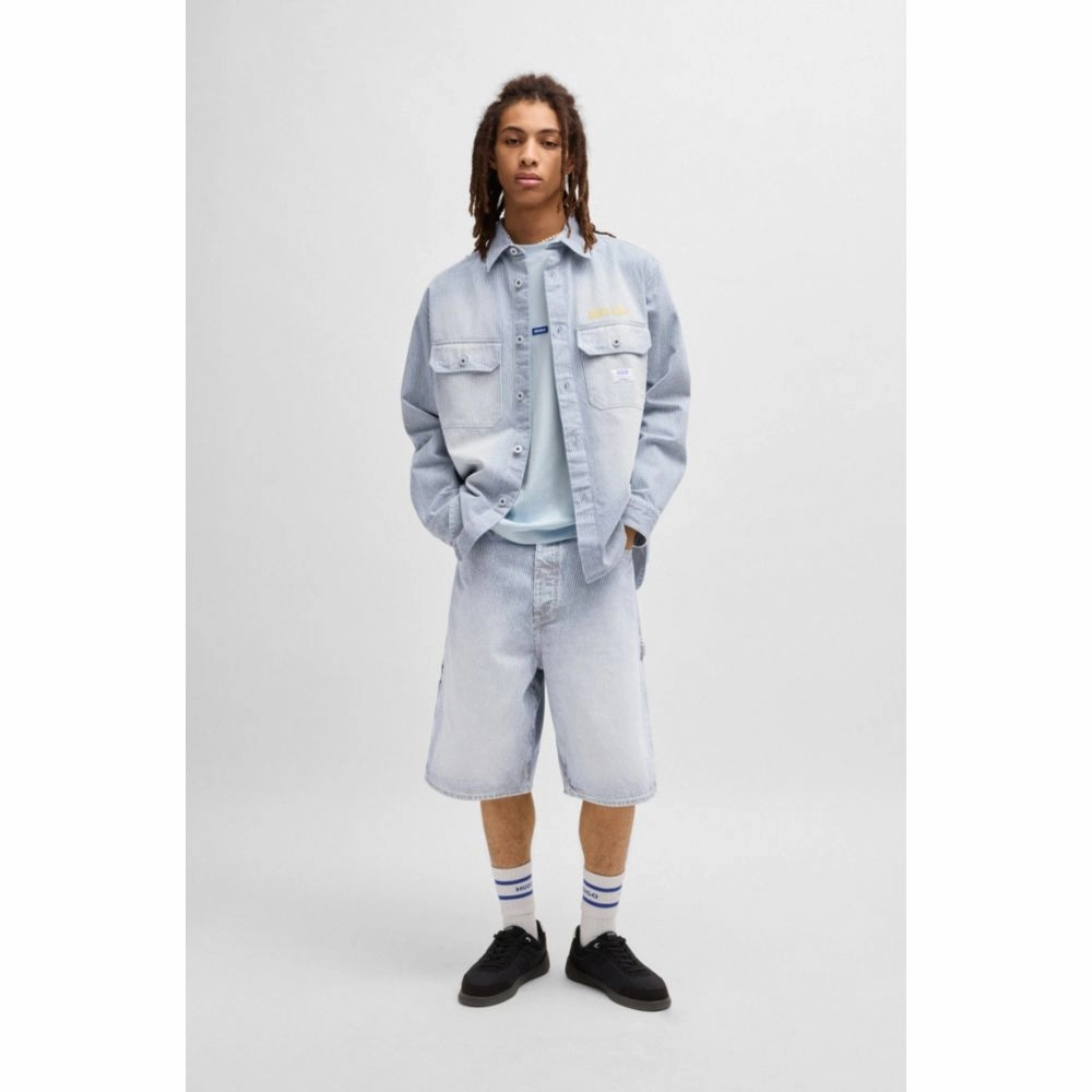 Wide-leg shorts in striped blue denim
