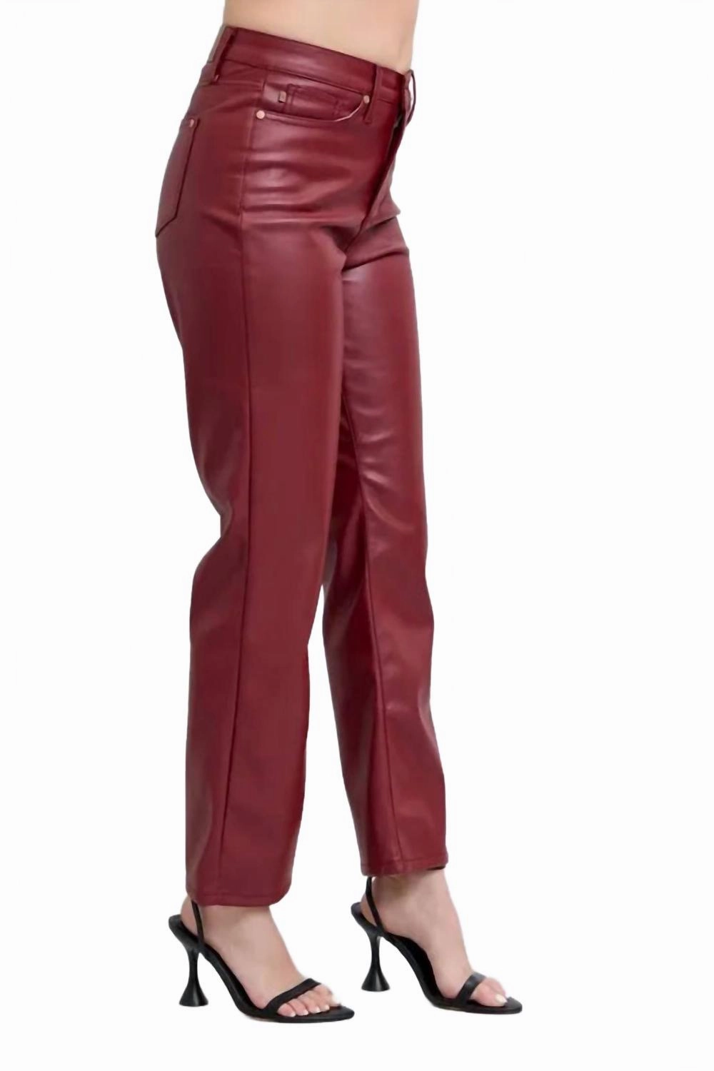 Women's High Waist Tummy Control Faux Leather Straight Pants - Plus In Red