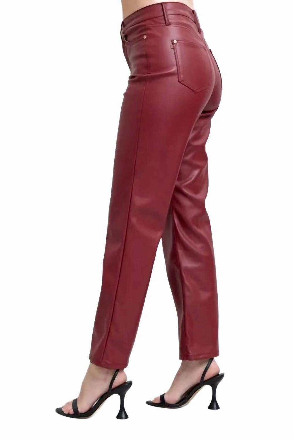Women's High Waist Tummy Control Faux Leather Straight Pants - Plus In Red