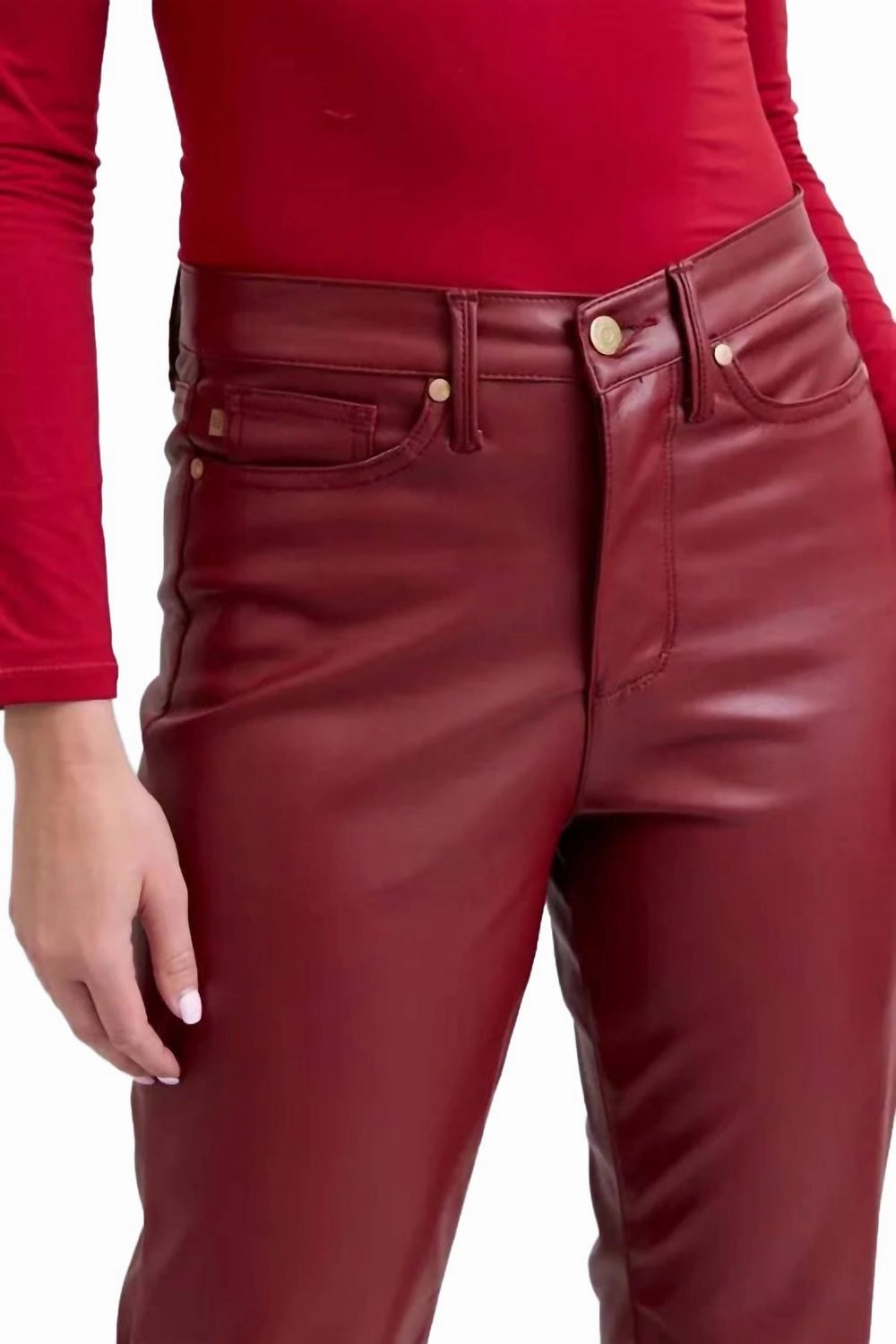 Women's High Waist Tummy Control Faux Leather Straight Pants - Plus In Red