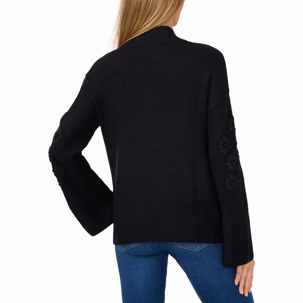 Womens Embroidered Ribbed Knit Mock Turtleneck Sweater