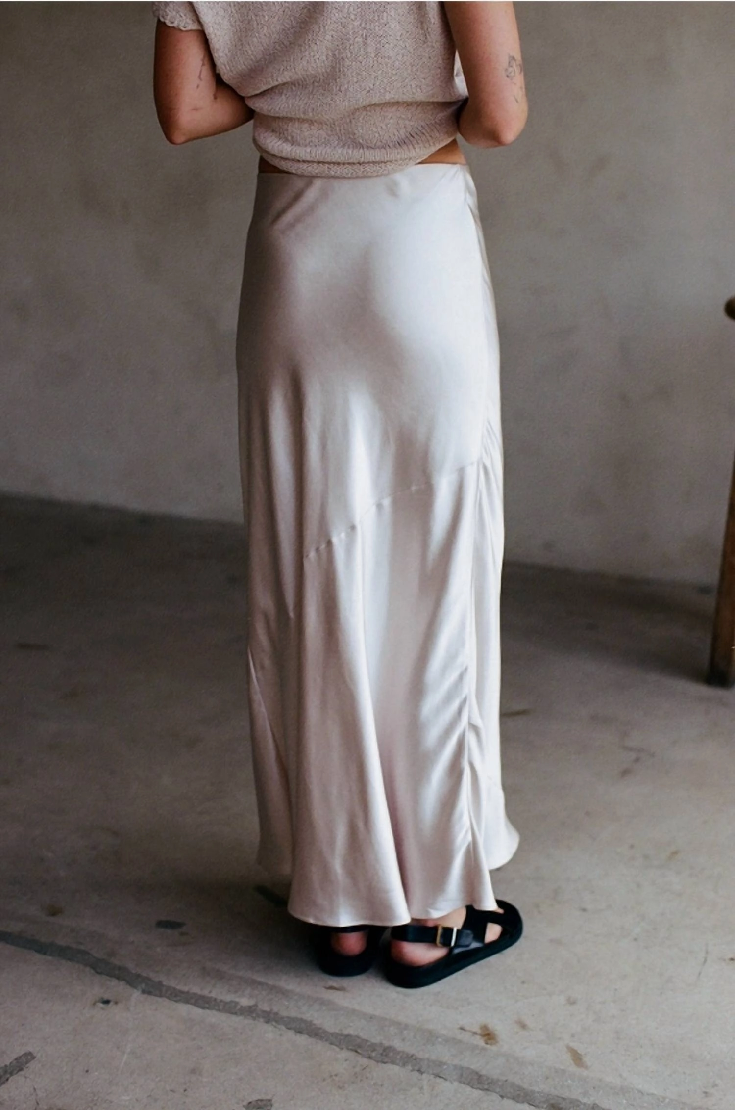 Woven Polyester Spandex Satin Maxi Skirt In Pearl