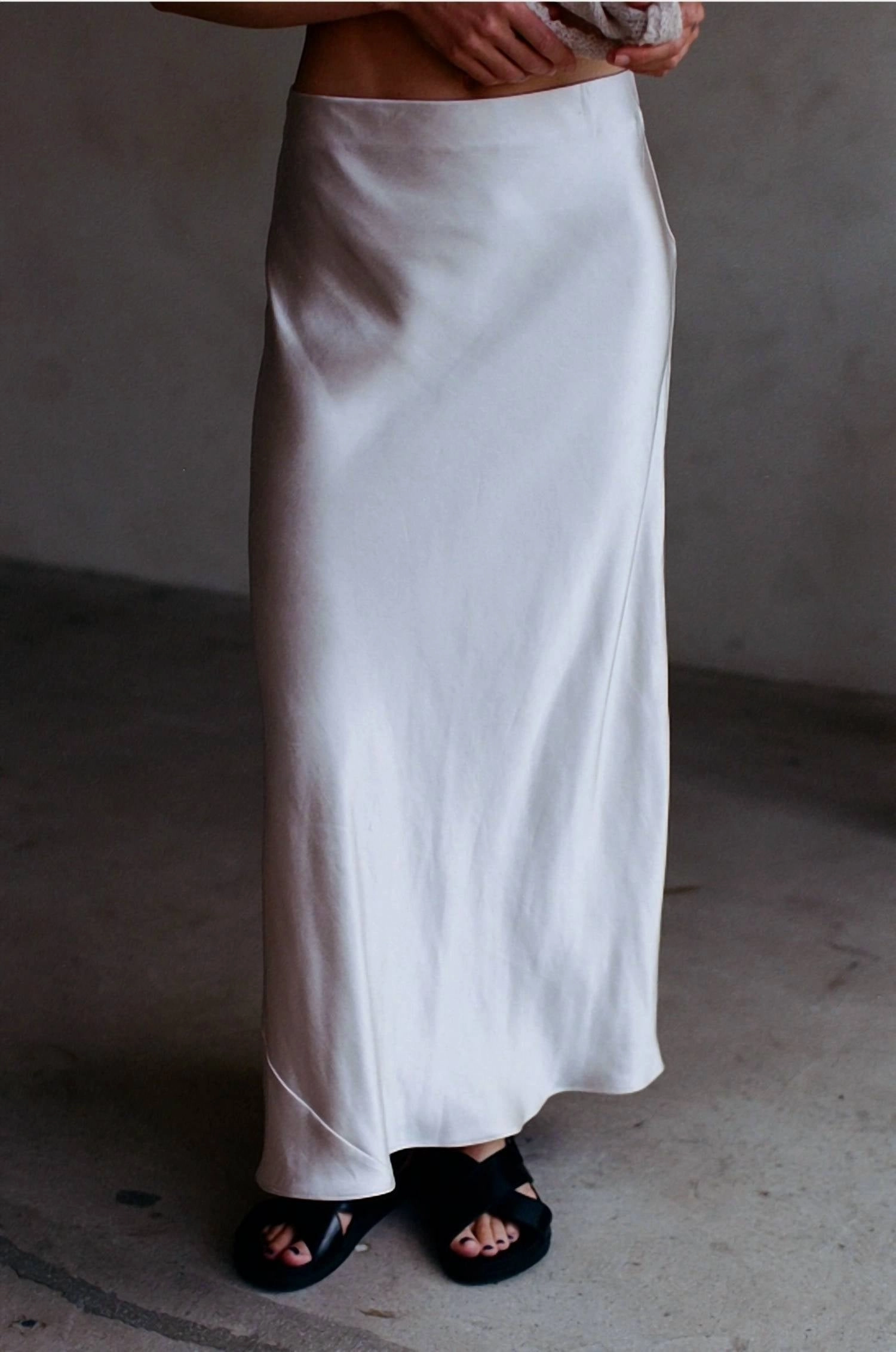 Woven Polyester Spandex Satin Maxi Skirt In Pearl