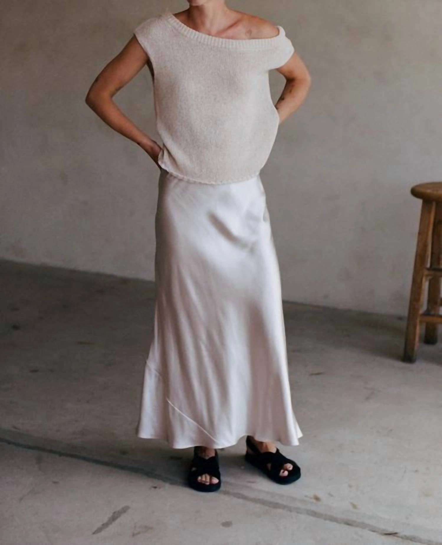 Woven Polyester Spandex Satin Maxi Skirt In Pearl